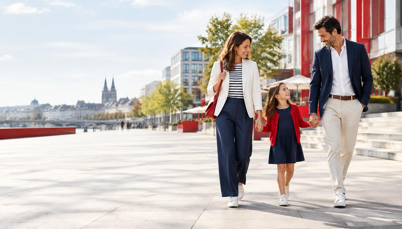 A family walking together through a European city